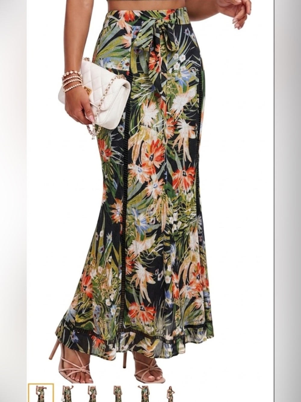 Boho Tropical Floral Maxi Skirt High Waist Tie Front Ladder Trim
